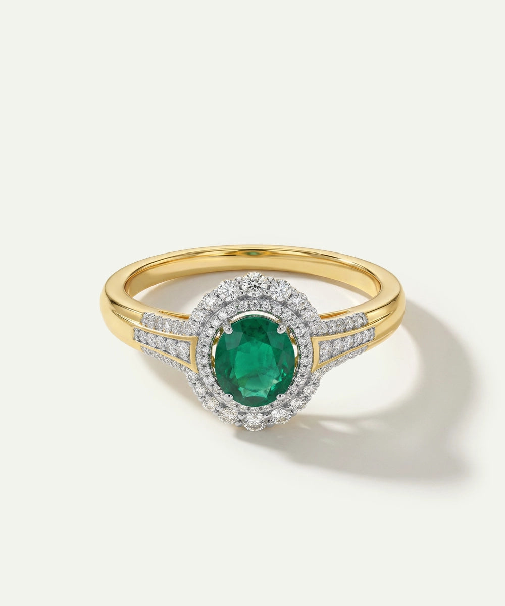 Aanika V. Emerald & Diamond Round Halo Split Shank Ring - 0.75 Ct. T.W.