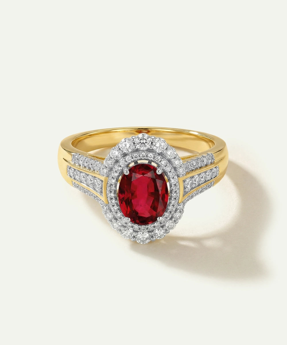 Aanika V. Ruby & Diamond Oval Halo Split Shank Ring - 0.75 Ct. T.W.