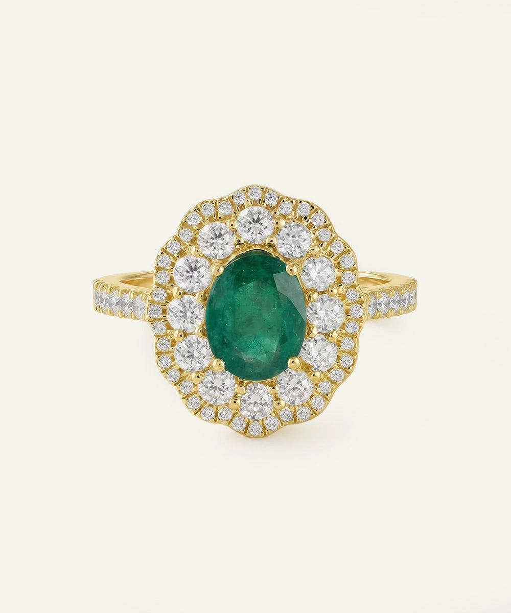 Aanika V. Emerald & Diamond Halo Cluster Ring - 2.00 Ct. T.W.